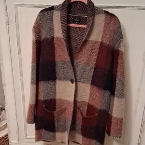 American Eagle Outfitters Plaid Open Cardigan in Cream, Brown, Gray, Rust